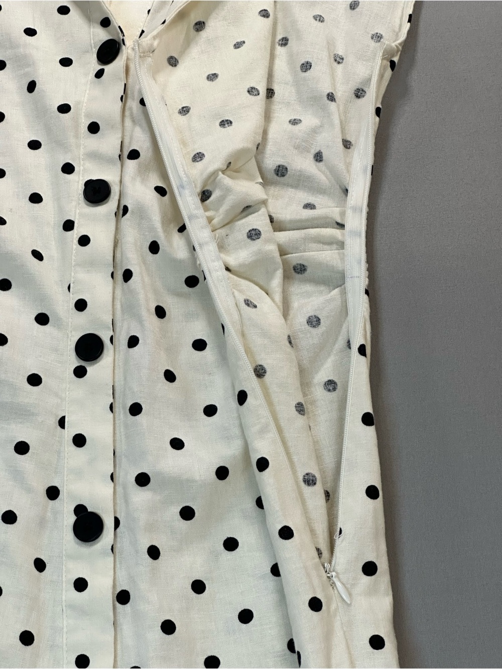Zara Polka-Dot Linen-Blend Fitted Midi Dress, Cap Sleeve, Ruched - Womens XS - Picture 12 of 16